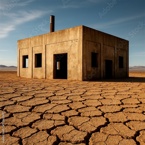 Abandoned square house on cracked desert ground, dramatic drought landscape, climate change impact, survival, isolation, and environmental crisis concept inspiration