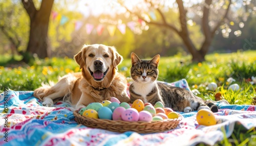 Dog, cat, Easter eggs, spring picnic