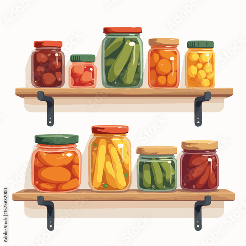 Visual pantry on wooden shelves displaying array of colorful preserved food jars. Visual pantry filled with various fruits and vegetables, offering charming decorative aesthetic.