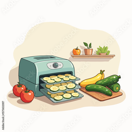 Visual pantry setup showcasing a food dehydrator with zucchini slices, fresh tomatoes and other vegetables. Visual pantry preparation includes drying fresh sliced zucchini, tomatoes,