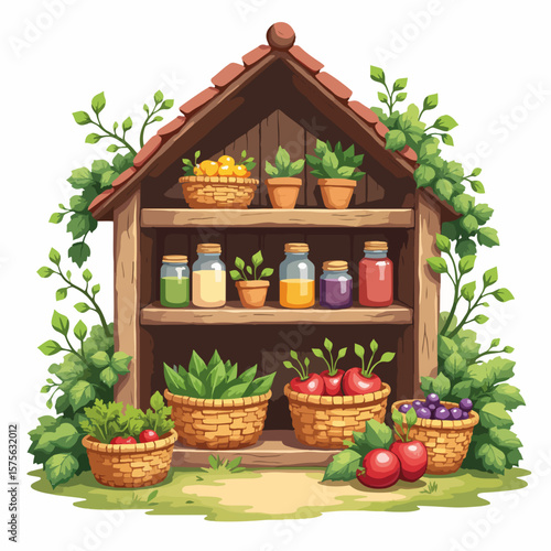 Visual pantry displaying garden produce, home preserves, and leafy green plants. This visual pantry features a variety of homegrown fruits, vegetables, and seedlings arranged on wooden shelves,