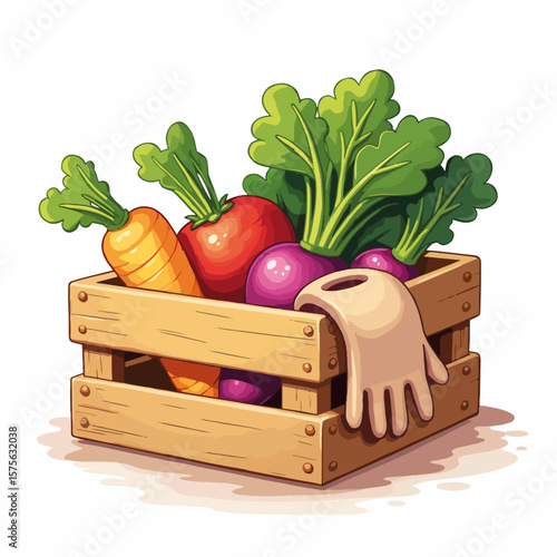 Harvest of homegrown vegetables in wooden crate with gardening glove, presenting farm-fresh root crops. Enjoy vibrant colors of homegrown carrots, tomatoes, and beets