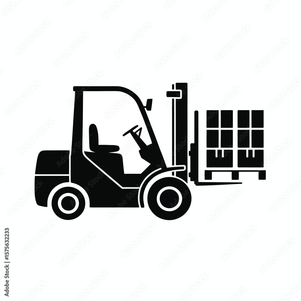 Fototapeta premium Black silhouette of a forklift truck lifting a pallet of boxes on a white background