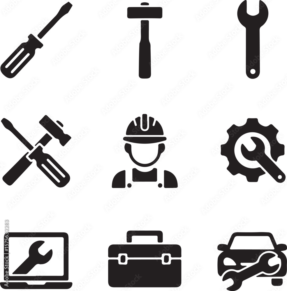 Obraz premium A versatile vector icon set of tools, symbols for repair, construction, and work, featuring hammer, wrench, drill, and more
