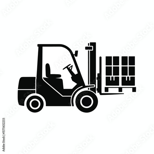 Black silhouette of a forklift truck lifting a pallet of boxes on a white background