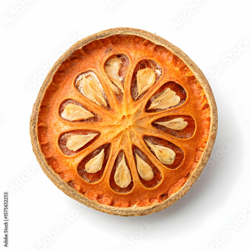 Dried bael fruit slices are aromatic, tangy herbal ingredients used in teas, aiding digestion,