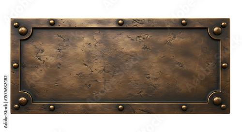 Aged bronze plaque with rivets presents a textured, vintage metal sign perfect for steampunk designs or industrial themed projects.