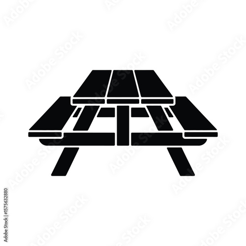 Simple black silhouette of a classic picnic table with attached benches