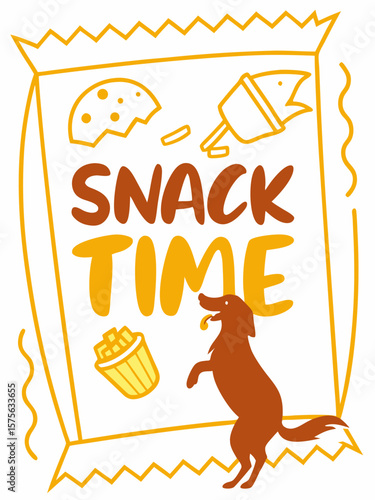 Excited dog begging for snacks from a bag with cookies and french fries illustration