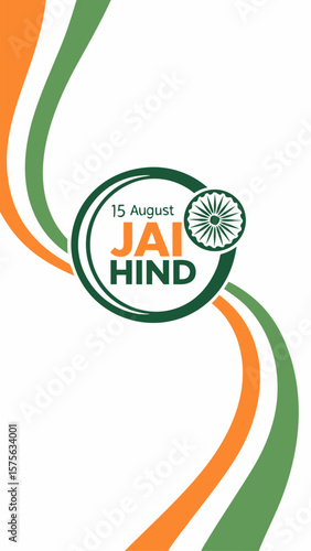 Celebrate india s independence day with jai hind slogan and ashoka chakra on a white background with saffron and green wavy stripes