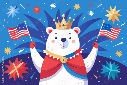 Joyful polar bear king celebrates independence day with american flags and fireworks