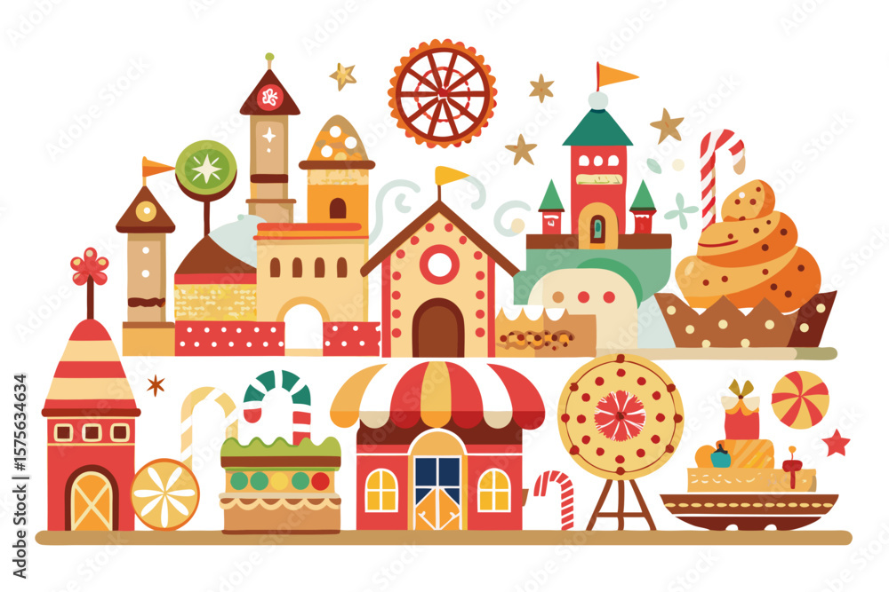 Naklejka premium Whimsical candy land village with ferris wheel and sweet treats
