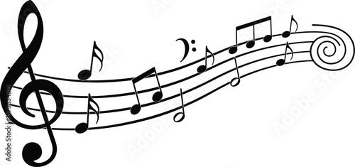 Illustration of a musical staff with notes and a treble clef in black ink