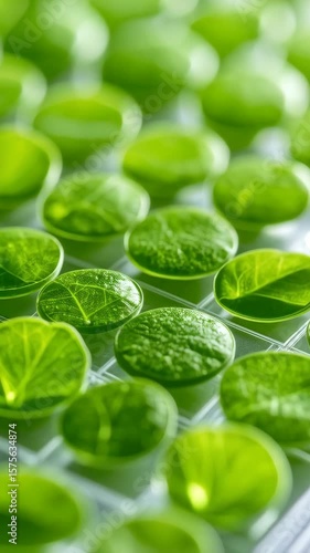 Close-up of green plant cells in a grid, capturing cellular details and fresh, vibrant growth in a laboratory environment