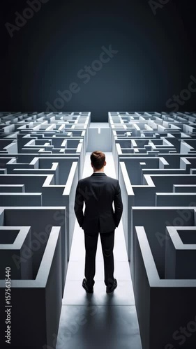A man standing facing an endless maze, the conceptual challenge ahead in a labyrinth environment