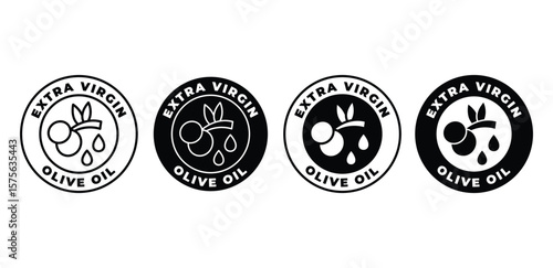 Extra Virgin Olive Oil Icons Black and White Circular Labels Stamp Vector Design Illustration