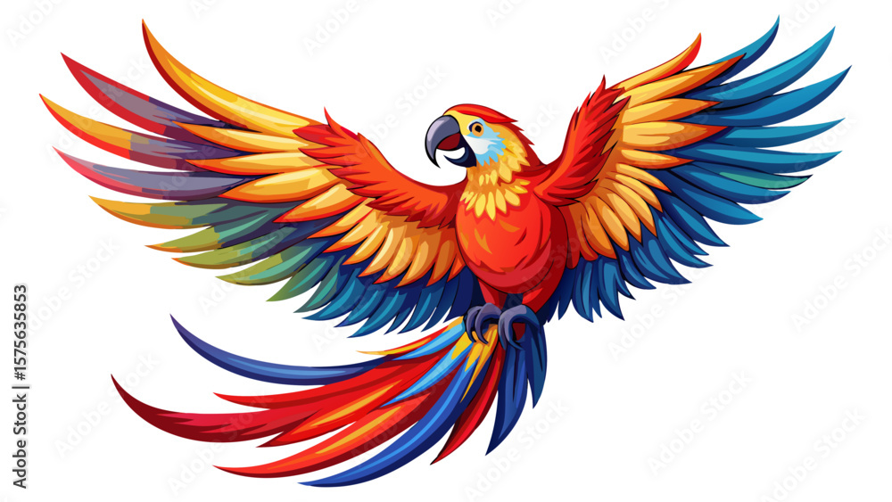 Obraz premium Scarlet Macaw – Scarlet Macaw bursts through tropical air with blazing red, yellow, and blue plumage. Its curved beak and wide wingspan make a vivid statement in close-up vector style.