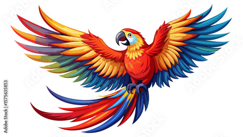 Scarlet Macaw – Scarlet Macaw bursts through tropical air with blazing red, yellow, and blue plumage. Its curved beak and wide wingspan make a vivid statement in close-up vector style.