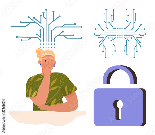 Person contemplating with circuits above their head and padlock nearby. Ideal for technology, cybersecurity, innovation, critical thinking, digital transformation, information security, simple