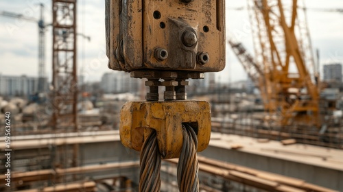 Close up of crane cable clamp construction site background Industry Equipment