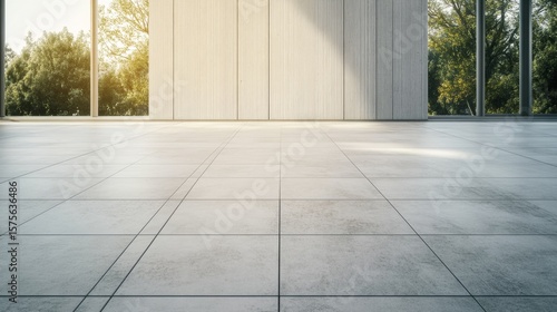 Modern interior spacious room with large windows light gray tile floor and light wood wall