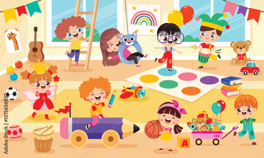 Kindergarten Scene With Cartoon Characters Kindergarten Scene With Cartoon Characters