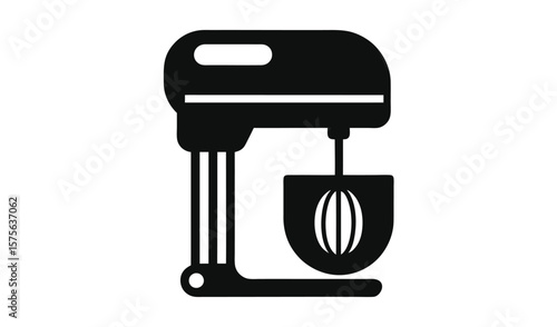 Modern black silhouette of a stand mixer with whisk attachment on a white background