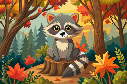 vector of Cute baby raccoon in a natural forest habitat with colorful autumn leaves sitting on a tree trunk as a gesture.