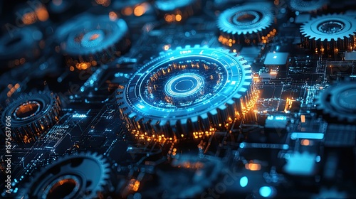 3D gears with blue light and digital mechanical elements for futuristic tech visuals and abstract background
