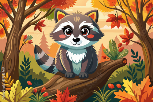 vector of Cute baby raccoon in a natural forest habitat with colorful autumn leaves sitting on a tree trunk as a gesture.