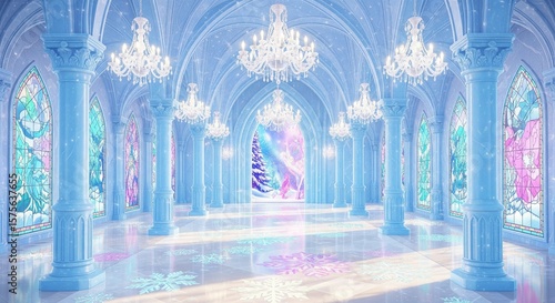 Dreamy Princess fantasy 4k Background, Pastel Frozen Ice Castle Hall Backdrop