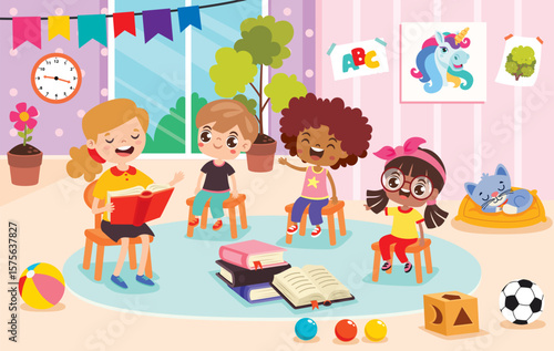Kindergarten Scene With Cartoon Characters