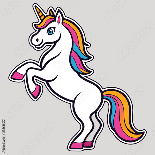 Colorful illustrated unicorn on its hind legs with a rainbow mane and tail