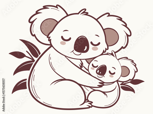 Vector art of a loving mother koala gently embraces her baby in a tender hug, surrounded by leaves