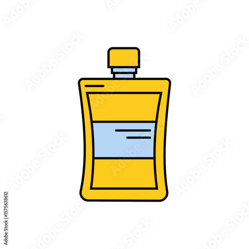 A simple flat cartoon vector icon of a yellow flexible pouch with a cap, featuring a blue blank label. Ideal for representing various liquid food products, sauces, condiments, or beverages in packagin