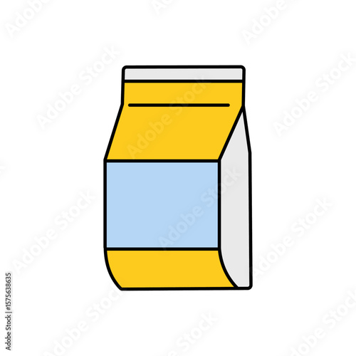 A simple flat cartoon vector icon of a yellow food pouch or bag with a blue blank label, ready for your custom branding. Ideal for representing various packaged goods, groceries, snacks, coffee, tea. 