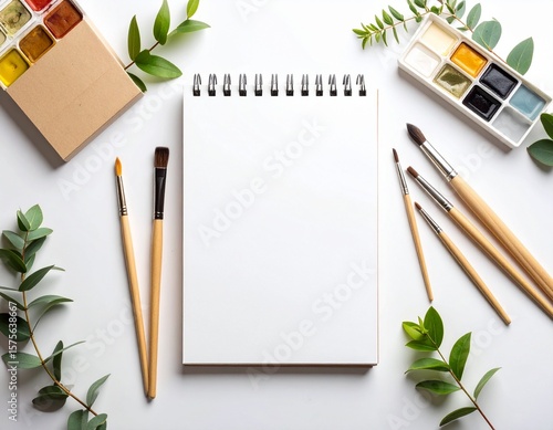 Blank sketchbook surrounded by watercolor paints, brushes, and greenery, ready for artistic creation.