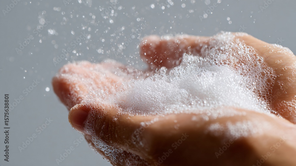 Fototapeta premium Light foam cleanser being rubbed on hand, airy background