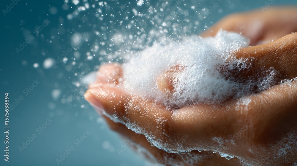 Fototapeta premium Light foam cleanser being rubbed on hand, airy background