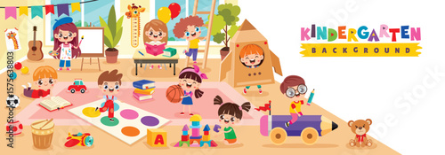 Kindergarten Scene With Cartoon Characters
