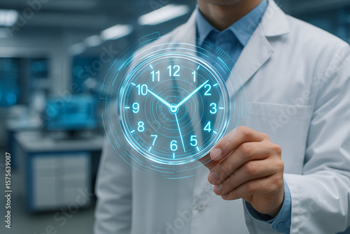 Doctor holds clock hologram, emphasizing efficiency and precision