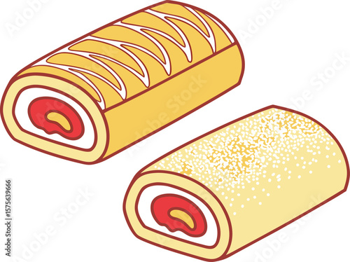 Vector art of two swiss rolls with cream filling are displayed on a white background, one with icing and one with sprinkles