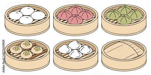 Vector art of six bamboo baskets filled with colorful dumplings are arranged on a white background