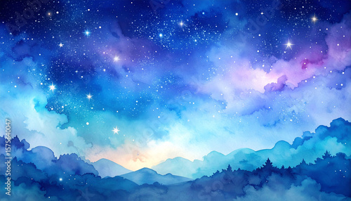 Celestial Dreams: An artistic watercolor illustration portrays a mesmerizing starry night sky, casting an ethereal glow upon a serene landscape.