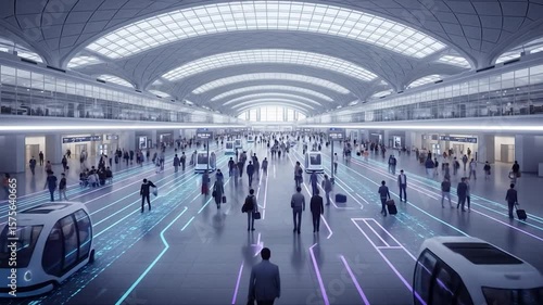 Futuristic Airport Terminal with Autonomous Vehicles and Pedestrians in Motion