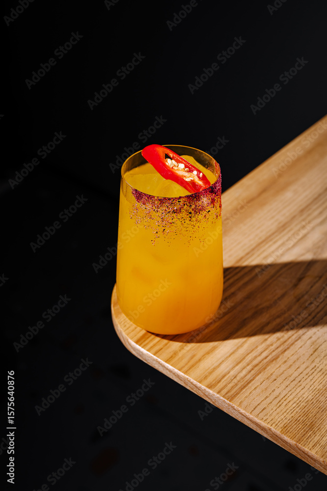 Obraz premium Refreshing cocktail with a spicy twist served on a wooden table