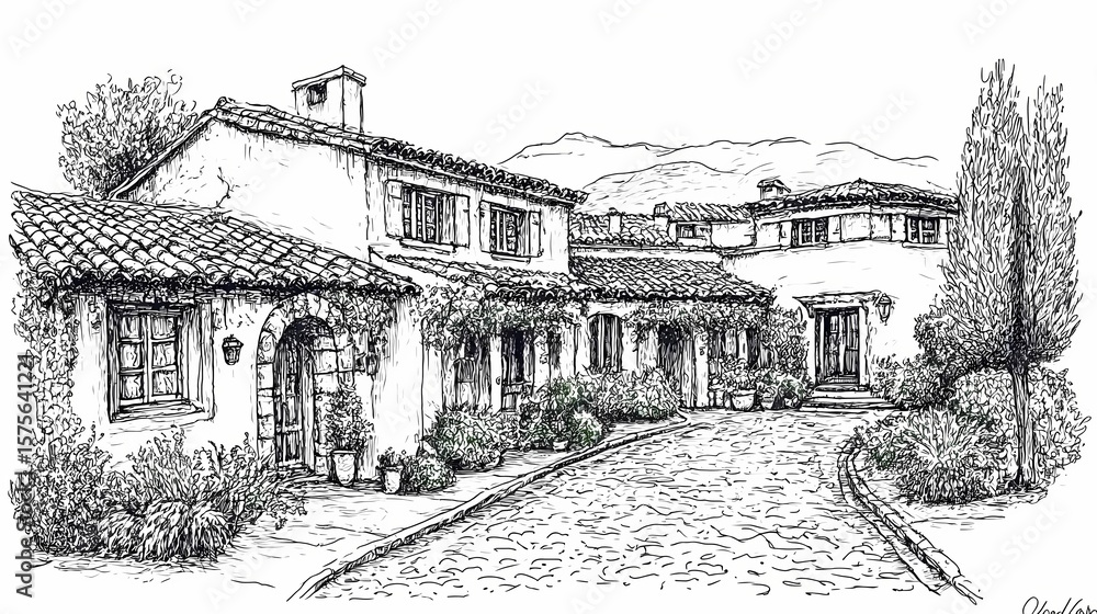 Obraz premium Hand-drawn sketch of a mediterranean-style house.