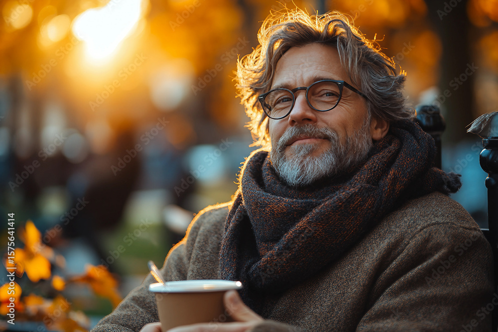 Fototapeta premium Generative AI Image of Smiling Man Enjoying Beautiful Autumn Morning with Warm Coffee Outdoors