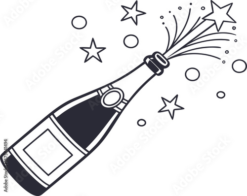 Vector art of a champagne bottle is popping with stars and bubbles, isolated on white background in a black and white illustration