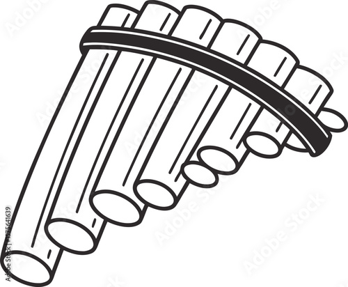 Vector art of a classic panpipe wind instrument with varying pipe lengths is displayed, isolated on white background